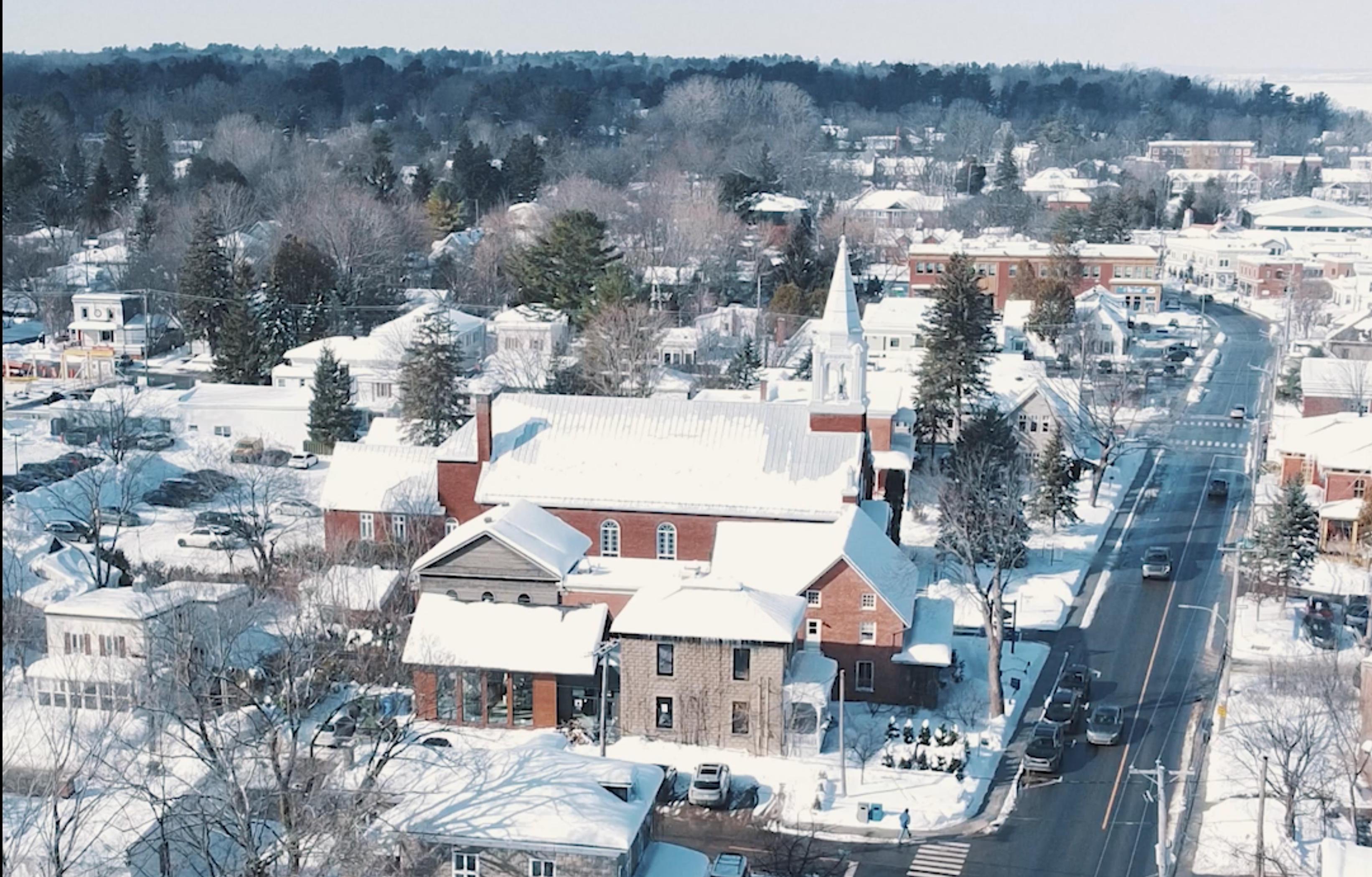a drone view of mikko cafe and roastery in Hudson Quebec in winter
